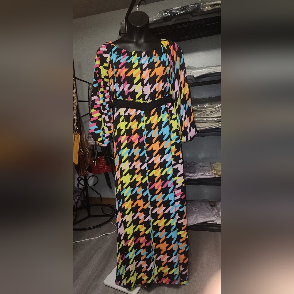 New York & Company Black Multicolor Houndstooth Maxi Dress
